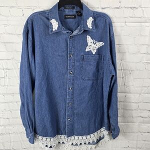 Blue Denim Shirt with Lace Accents